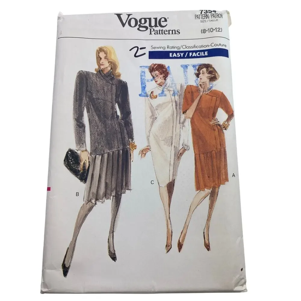 Vogue 7354 Miss Drop Waist Pleated Skirt Dress Pattern Sz 8-10-12 1988 FF Uncut